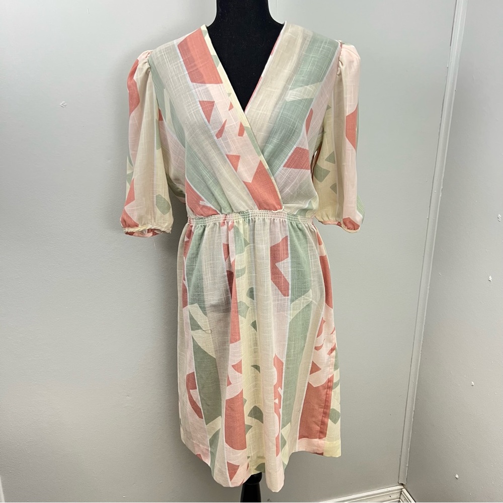 Vintage 80s Abstract Print Faux Wrap Dress